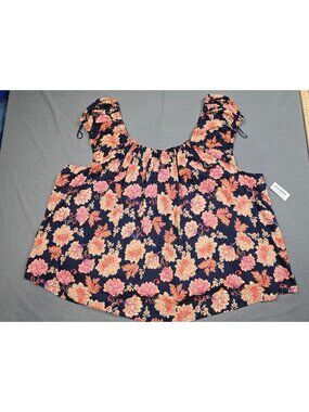 Old Navy Floral Print Scoop Neck Top 4X Navy Pink Orange NEW Made In India
